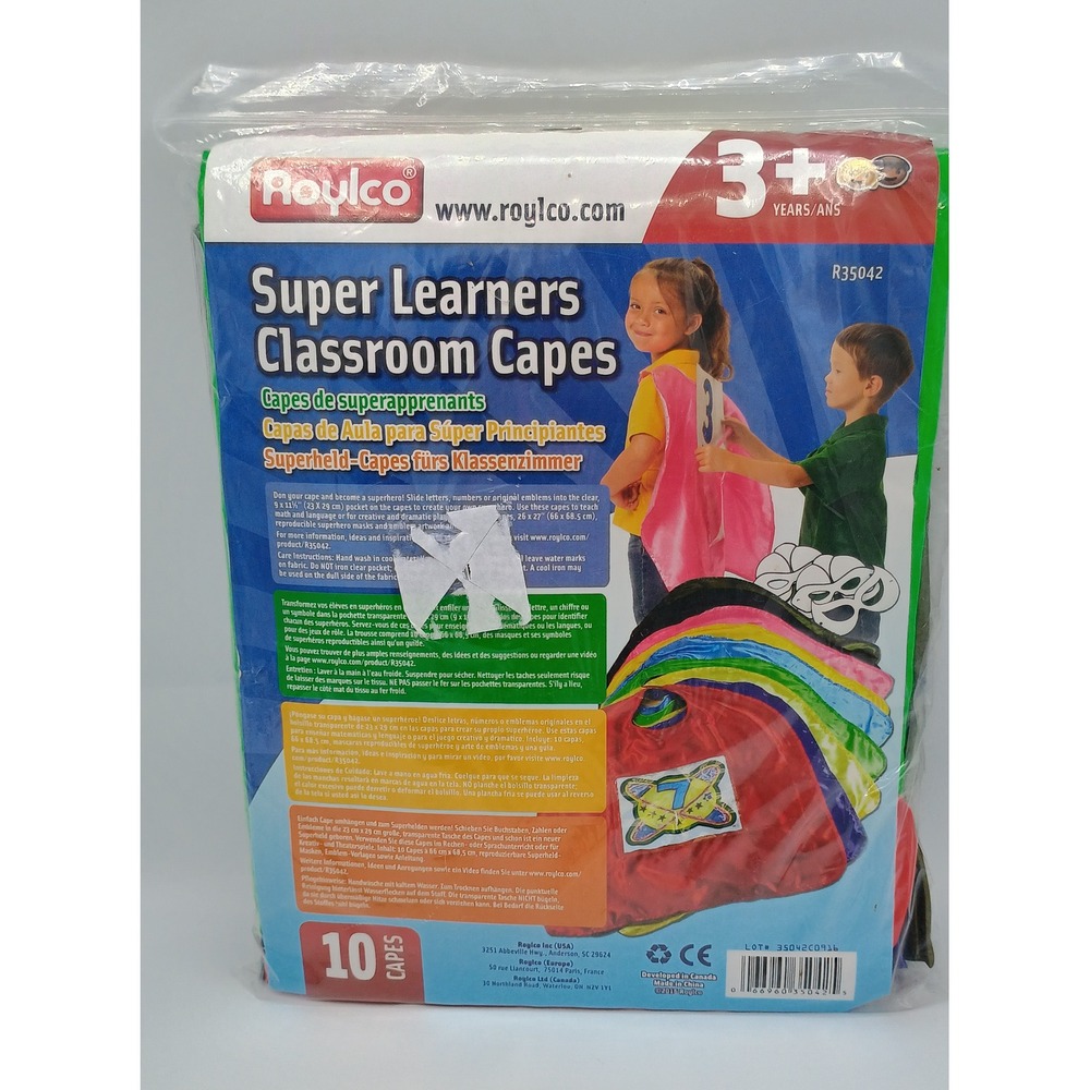 2016 Roylco Super Learners Classroom Capes Pack Of 10 w/ Clear Pockets B4